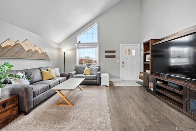 living room featuring hardwood / wood-style flooring and high vaulted ceiling