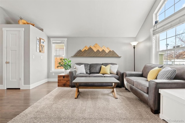 living room featuring lofted ceiling and hardwood / wood-style floors