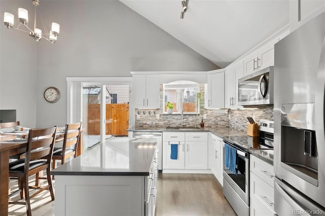 kitchen with white cabinets, stainless steel appliances, pendant lighting, a kitchen island, and sink