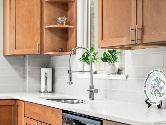 2695 S Logan St, Denver, CO 80210 - kitchen featuring open shelves, dishwasher, tasteful backsplash, and a sink