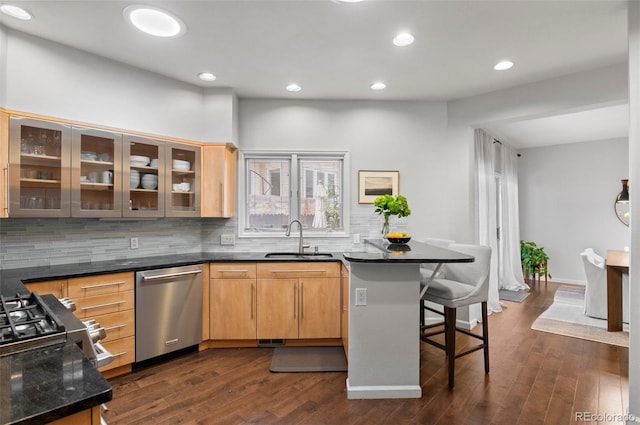 kitchen featuring tasteful backsplash, stainless steel appliances, dark hardwood / wood-style floors, and sink