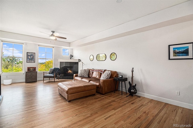 living room with ceiling fan, hardwood / wood-style flooring, and a fireplace