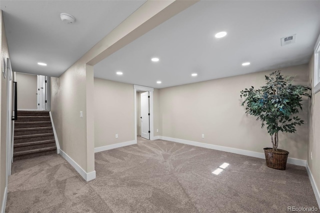 8334 Allison Ct, Arvada, CO 80005 - finished below grade area with light carpet, baseboards, stairs, and recessed lighting