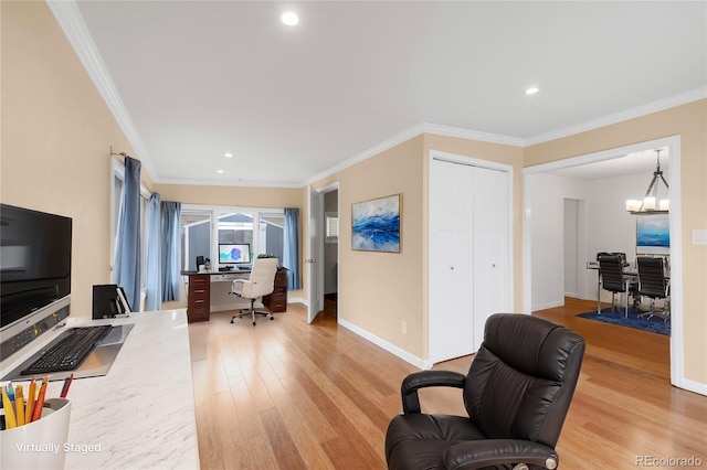 office with baseboards, an inviting chandelier, recessed lighting, ornamental molding, and light wood-type flooring