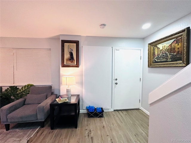 entryway featuring baseboards and light wood-type flooring