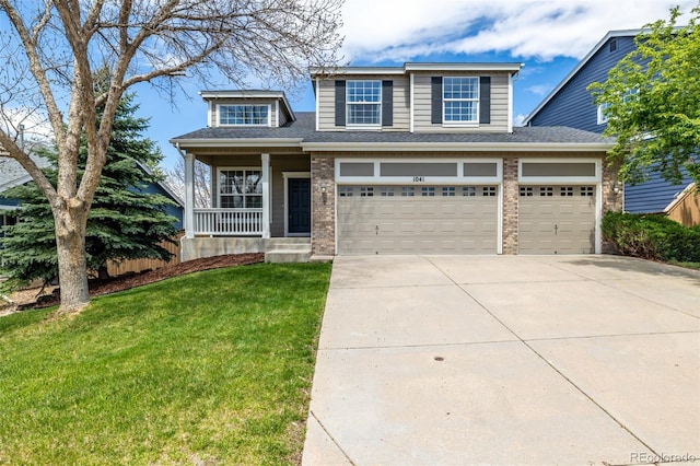 traditional-style home with covered porch, a front yard, brick siding, a shingled roof, and concrete driveway