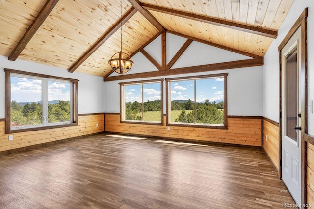 573 Beasley Blvd, Cotopaxi, CO 81223 - unfurnished room with a wainscoted wall, wooden walls, wood finished floors, wood ceiling, and a chandelier