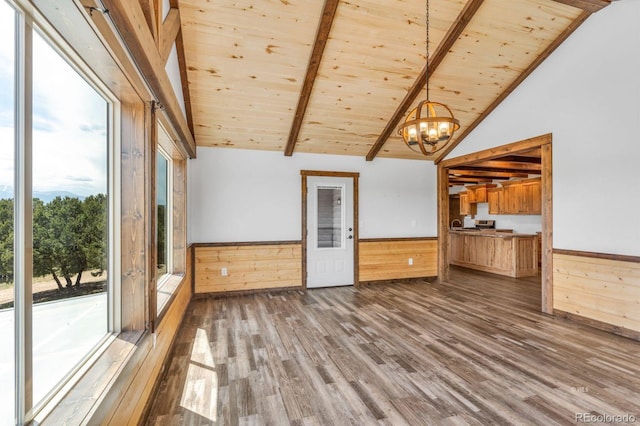 573 Beasley Blvd, Cotopaxi, CO 81223 - unfurnished living room featuring dark wood-style floors, a wooden ceiling with exposed beams, wood walls, a chandelier, and wainscoting