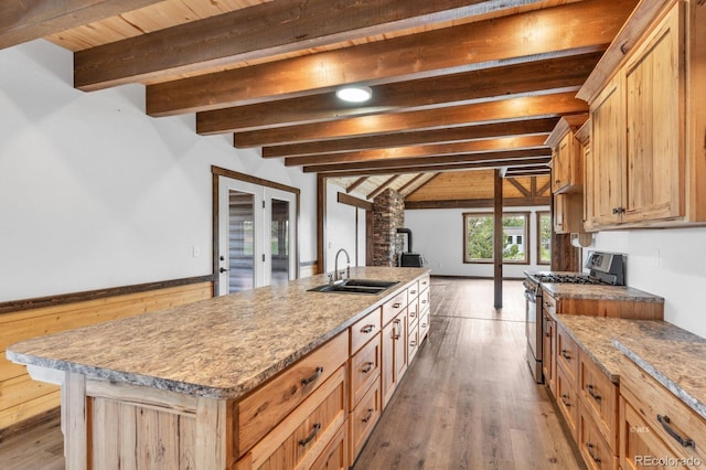 573 Beasley Blvd, Cotopaxi, CO 81223 - kitchen with stainless steel range with gas cooktop, french doors, wood finished floors, a center island with sink, and wooden ceiling