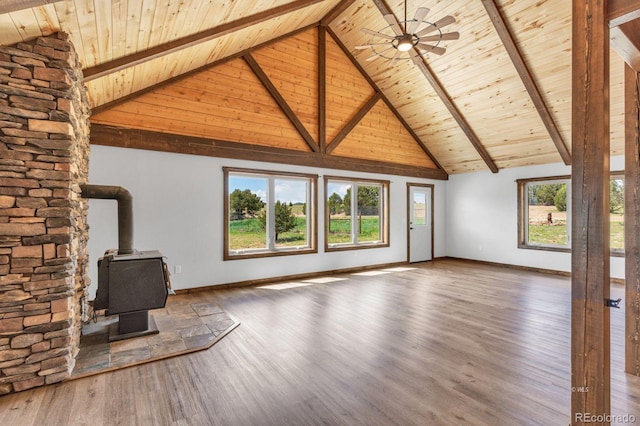573 Beasley Blvd, Cotopaxi, CO 81223 - unfurnished living room with a wooden ceiling with exposed beams, high vaulted ceiling, a wood stove, and wood finished floors
