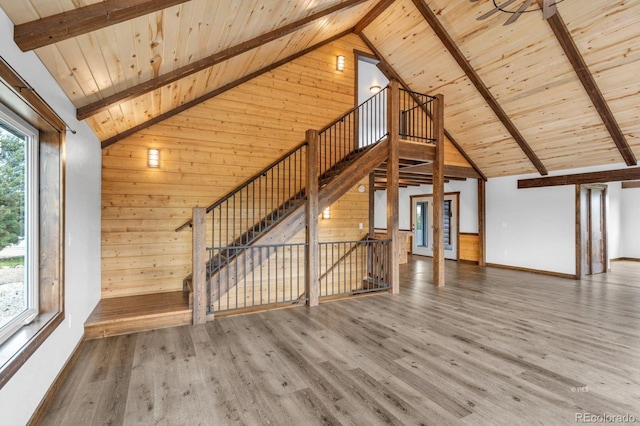 573 Beasley Blvd, Cotopaxi, CO 81223 - unfurnished living room featuring a wood ceiling with exposed beams, wood walls, wood finished floors, and high vaulted ceiling