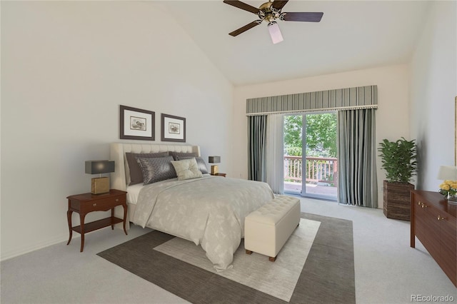 bedroom featuring access to outside, ceiling fan, high vaulted ceiling, and light carpet