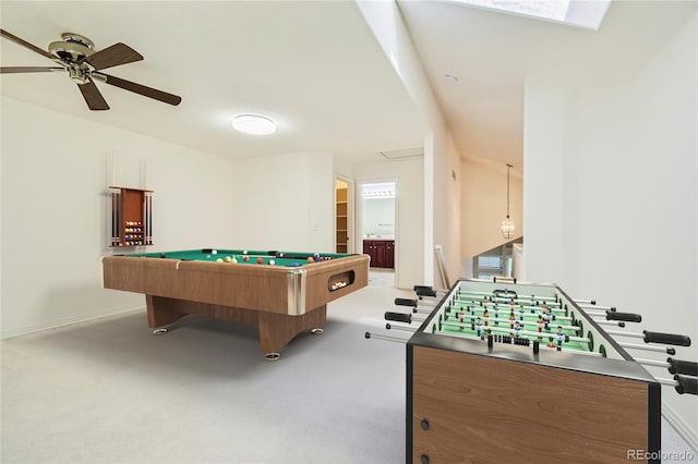 game room with light carpet, ceiling fan, and billiards