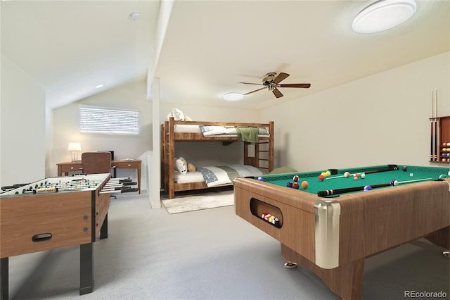 game room featuring ceiling fan and vaulted ceiling