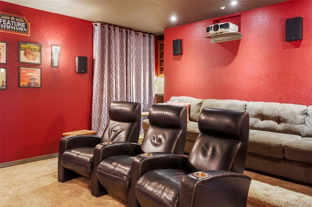 home theater with a wall unit AC and carpet floors