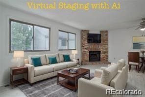 living room with a large fireplace and ceiling fan