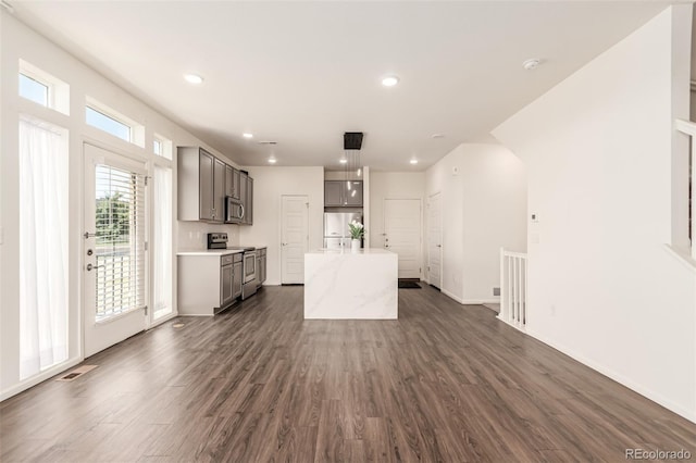 3805 N Himalaya Rd Unit 1, Denver, CO 80249 - kitchen featuring gray cabinetry, appliances with stainless steel finishes, dark wood-style floors, recessed lighting, and an island with sink