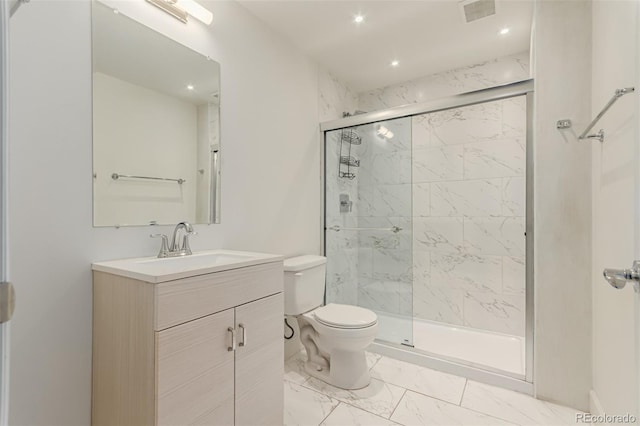 3805 N Himalaya Rd Unit 1, Denver, CO 80249 - full bath with marble finish floors, vanity, a marble finish shower, and recessed lighting