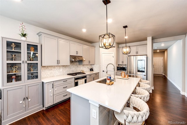 3722 Sandy Vista Trl, Castle Rock, CO 80104 - kitchen featuring a sink, stainless steel appliances, under cabinet range hood, a kitchen bar, and dark wood-style floors