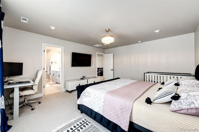 3722 Sandy Vista Trl, Castle Rock, CO 80104 - bedroom with light carpet, a desk, recessed lighting, connected bathroom, and baseboards
