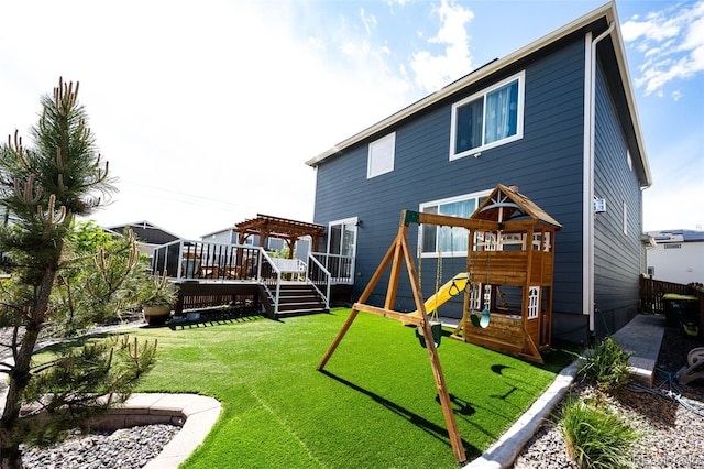 3722 Sandy Vista Trl, Castle Rock, CO 80104 - rear view of property featuring a playground, a deck, a lawn, and a pergola