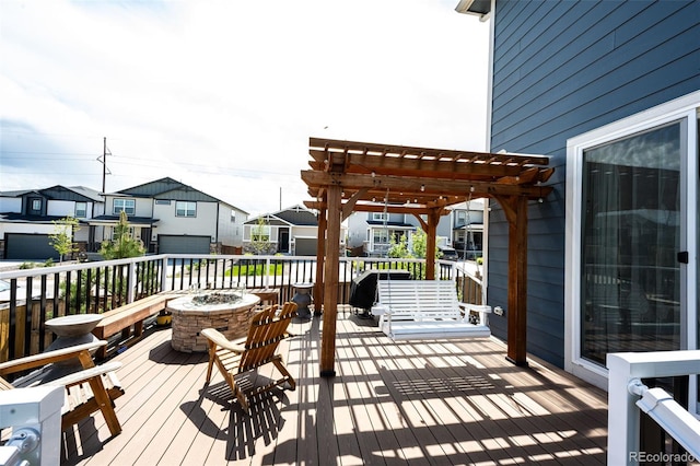 3722 Sandy Vista Trl, Castle Rock, CO 80104 - wooden terrace with a pergola, a fire pit, and a residential view