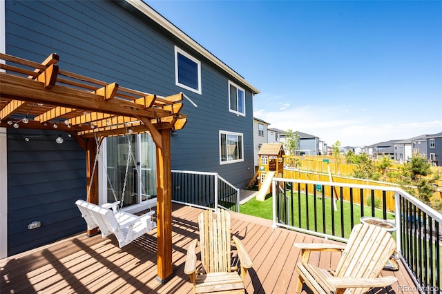 3722 Sandy Vista Trl, Castle Rock, CO 80104 - deck featuring a playground, a pergola, and a residential view
