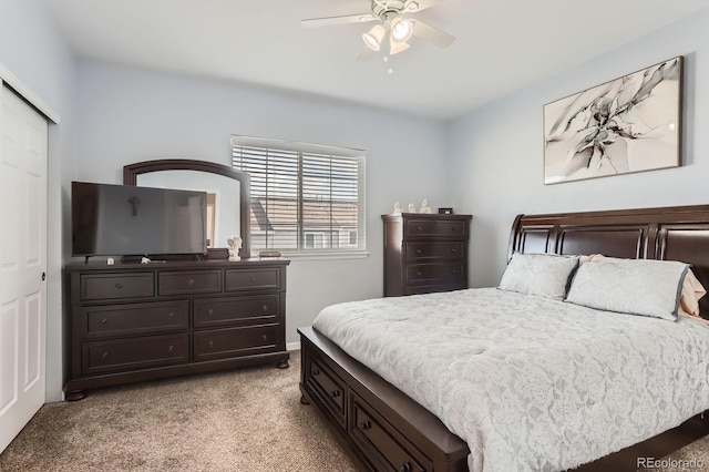 8199 Welby Rd Unit 3102, Denver, CO 80229 - bedroom featuring light colored carpet, a closet, and a ceiling fan