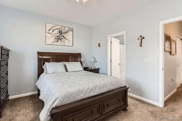 8199 Welby Rd Unit 3102, Denver, CO 80229 - bedroom with light carpet, baseboards, connected bathroom, and a ceiling fan