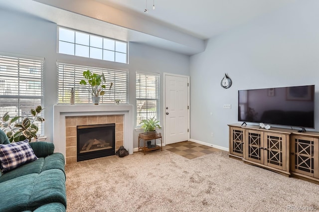 8199 Welby Rd Unit 3102, Denver, CO 80229 - living room featuring a fireplace, healthy amount of natural light, and carpet flooring