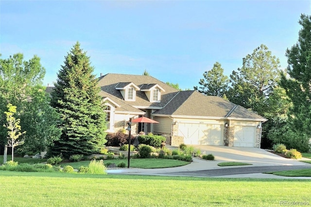 24733 E Park Crescent Dr, Aurora, CO 80016 - view of front of property featuring stone siding, a garage, driveway, and a front lawn