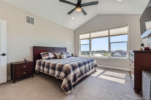 229 High Meadows Loop, Elizabeth, CO 80107 - bedroom featuring vaulted ceiling, light carpet, recessed lighting, and a ceiling fan