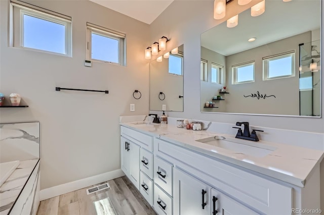 229 High Meadows Loop, Elizabeth, CO 80107 - bathroom featuring healthy amount of natural light, double vanity, and wood finished floors