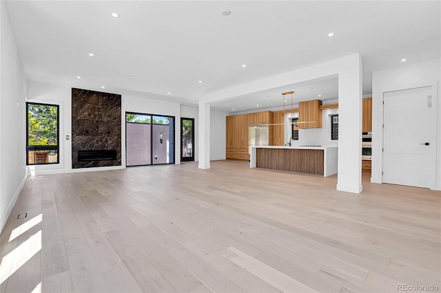 1491 S York St, Denver, CO 80210 - unfurnished living room featuring recessed lighting, healthy amount of natural light, light wood-style flooring, and a fireplace