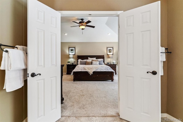 carpeted bedroom featuring ceiling fan