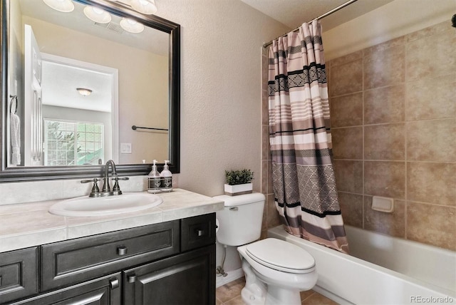 full bathroom featuring toilet, shower / bathtub combination with curtain, and vanity