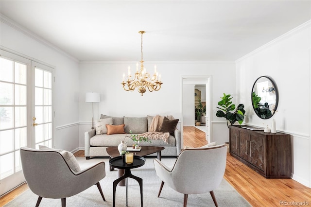 2209 Green Oaks Ln, Greenwood Village, CO 80121 - living room with a chandelier, light wood-style floors, ornamental molding, and baseboards