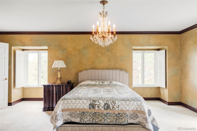 2209 Green Oaks Ln, Greenwood Village, CO 80121 - bedroom featuring light colored carpet, a chandelier, baseboards, and crown molding