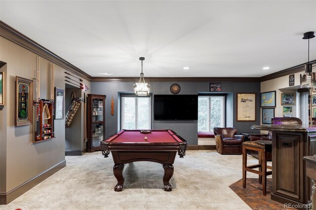 2209 Green Oaks Ln, Greenwood Village, CO 80121 - playroom with crown molding, baseboards, wallpapered walls, billiards, and carpet