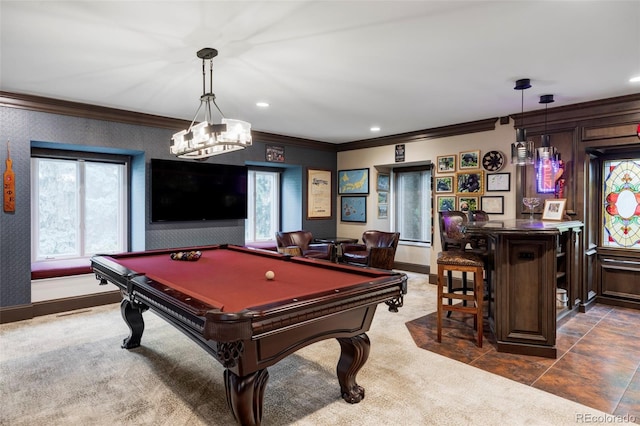 2209 Green Oaks Ln, Greenwood Village, CO 80121 - playroom with ornamental molding, billiards, baseboards, a bar, and carpet floors