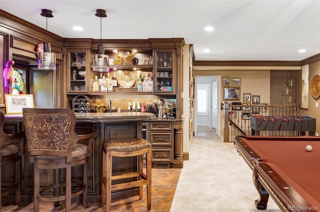 2209 Green Oaks Ln, Greenwood Village, CO 80121 - indoor wet bar featuring ornamental molding, decorative light fixtures, recessed lighting, and decorative backsplash