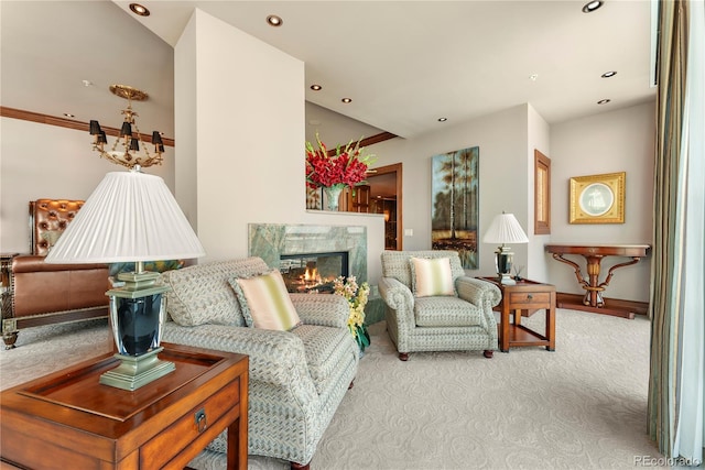 interior space with carpet and a high end fireplace