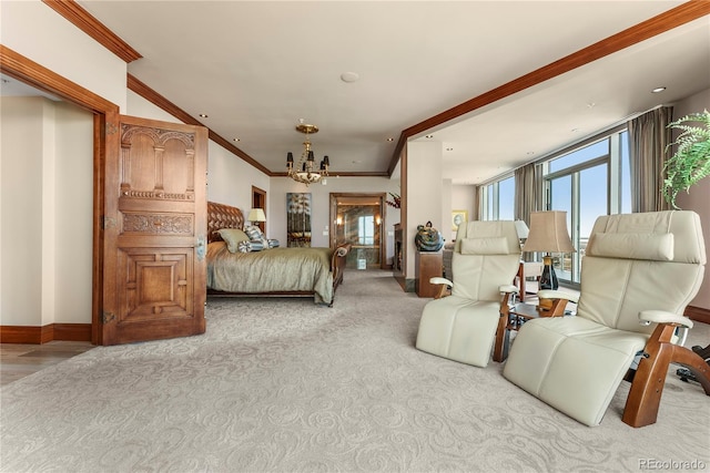 carpeted bedroom featuring an inviting chandelier and ornamental molding