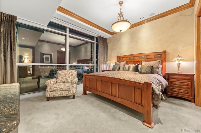 carpeted bedroom featuring ornamental molding