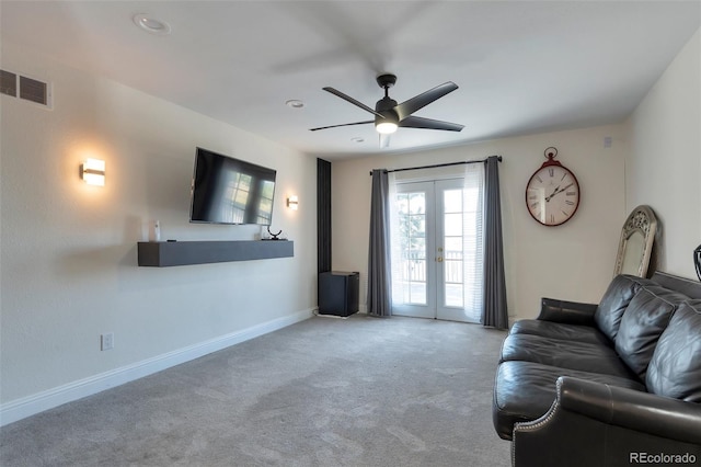 3807 S Atchison Way, Aurora, CO 80014 - living room featuring a ceiling fan, carpet flooring, and french doors