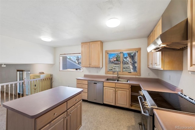 kitchen featuring light brown cabinetry, appliances with stainless steel finishes, wall chimney exhaust hood, and a sink