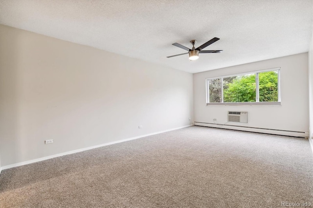 carpeted empty room with an AC wall unit, ceiling fan, a baseboard heating unit, and a textured ceiling