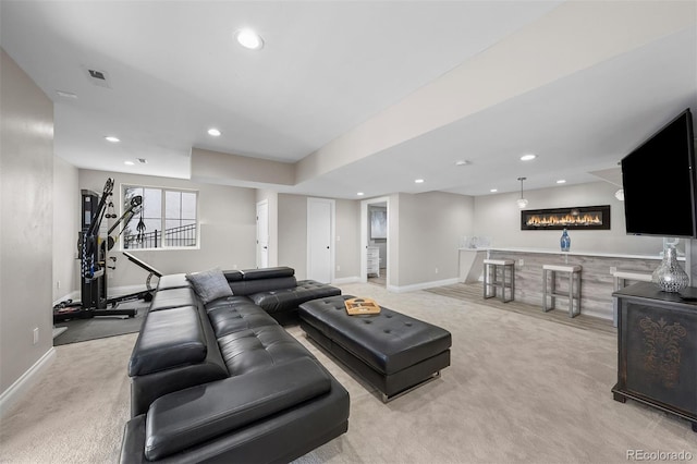 10468 Ladera Dr, Lone Tree, CO 80124 - living room with bar, light colored carpet, and recessed lighting