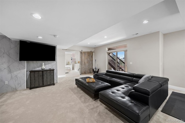 10468 Ladera Dr, Lone Tree, CO 80124 - living area with light colored carpet, recessed lighting, and a barn door