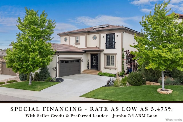 10468 Ladera Dr, Lone Tree, CO 80124 - mediterranean / spanish-style home with roof mounted solar panels, a front lawn, stucco siding, concrete driveway, and an attached garage